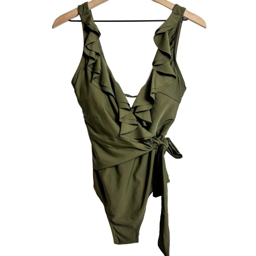 TEMPT ME GREEN RUFFLE ONE PIECE GREEN TIE UP SWIMSUIT LARGE BRAND NEW